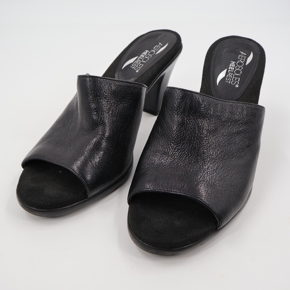 Aerosoles Brilliance Mules Women‎ 10M Black Leather Open Toe Heel Rest Sandals